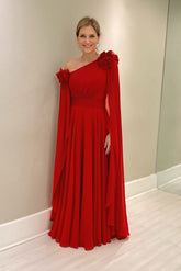 Chic Red A-Line One-Shoulder Cap Sleeves Ruffles Long Chiffon Mother of the Bride Dress With 3D Flowers